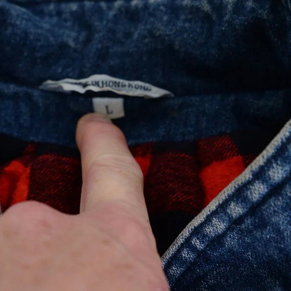 Vintage Denim Trucker Jacket Red Black Checker Flannel Lined Button Up Jacket L - Picture 13 of 13